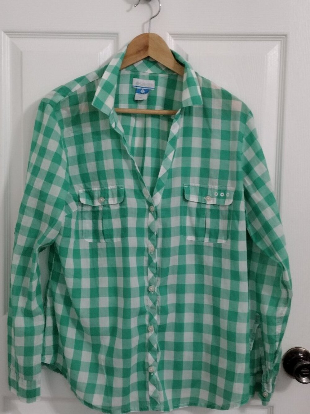 Columbia PFG Womens XL Green White Gingham Plaid Fishing Shirt Long Sleeve NWOT - Picture 2 of 9